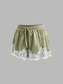 Elamini 春夏新款復古浪漫蕾絲拼接寬腿顯瘦短褲 女款小個子綠色短褲 - 綠色 - 查看 4