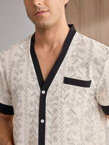 CoupledUp Men's Floral Print Patchwork Solid Color Contrast Short Sleeve Shorts Loungewear Set Lounge Home White Summer Baggy - Multicolor - View 6