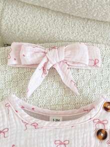 SHEIN Playful Pals Newborn Baby Girl Pink Heart & Bow Pattern Round Neck Long Sleeve Romper - Pink - View 6