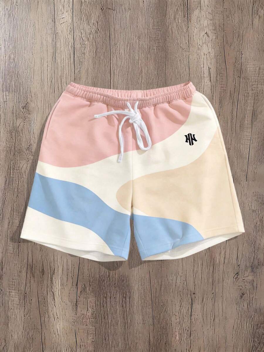 Manfinity Joysei Men's Contrast Color Print Fleece Shorts, Suitable For Summer Wear, Dopamine Shorts, Holiday - Multicolor - View 1
