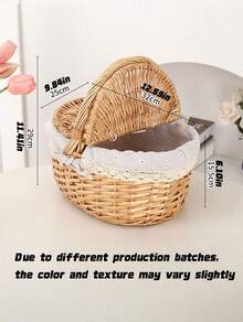 1pc Handwoven Wicker Picnic Basket – Double Lid Storage Hamper With Handle, Natural Willow Fruit Basket For Camping, Shopping, Wedding Decor, Farmhouse Storage - multicolor - View 16