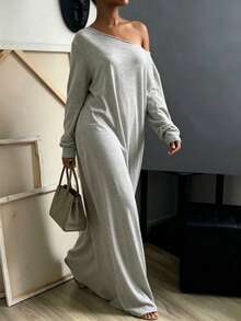 INAWLY Solva Gaun Panjang Kasual Wanita Warna Polos dengan Bahu Asimetris untuk Sehari-hari - Grey - View 4