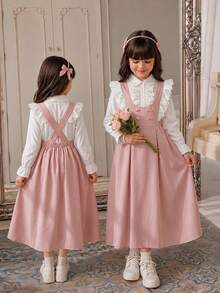 SHEIN Girls Arabic Elegant Princess School Uniform Ruffle Lace Blouse & Dress,Back-To-School,Cute,Vacation - Pink - View 2