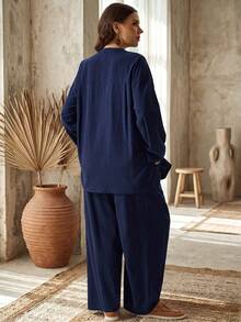 EMERY ROSE Plus Size Women Solid Color Single-Breasted Long Sleeve Top And Pants Casual Elegant Everyday 2 Pieces Set Autumn Outfit Navy Blue Fall Lounge Formal - Navy Blue - View 5
