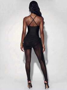 Amplova Women's Triangle Cup Fine Strap Criss-Cross Adjustable Wrap-Around Tight Mesh Satin Jumpsuit - Black - View 10