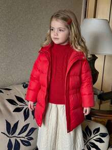 Hapijoa Young Girl Solid Color Raglan Long Sleeve Casual Hooded Winter Jacket - Red - View 2