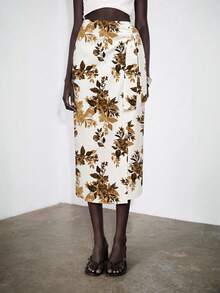 SHEIN x Tata & Beatriz Lumivelle 女款優雅深棕色高腰開衩綁帶百褶不對稱緊身裙，適合度假 - 白色 - 查看 7