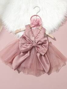 SHEIN 2件組新生女嬰珍珠風洋裝搭配玫瑰花髮箍，嬰兒拍照套裝，適合1個月/百日拍照，秋冬款 - 咖啡棕 - 查看 5