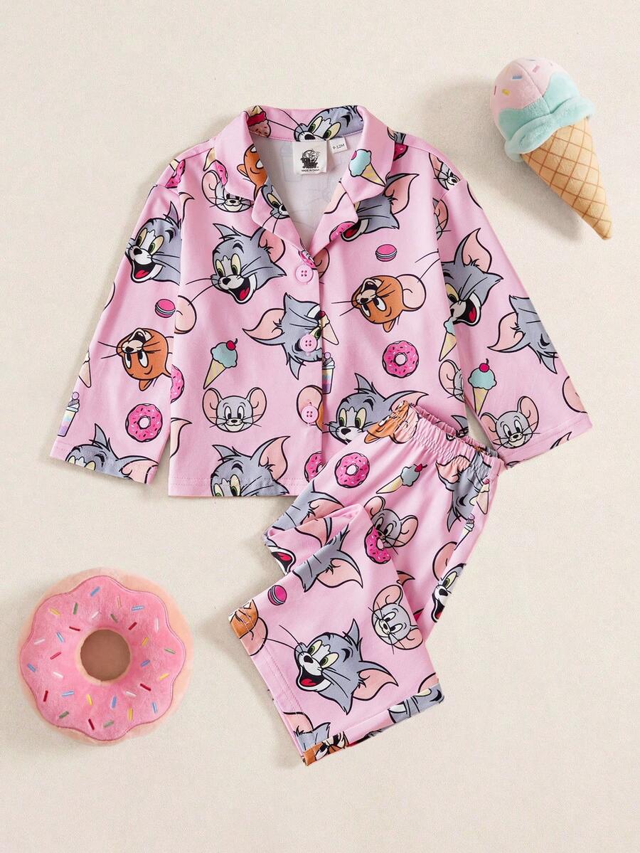TOM & JERRY X SHEIN 女宝宝卡通甜美冰淇淋全印花领上衣和裤子秋冬睡衣套装 - 粉色 - 查看 1