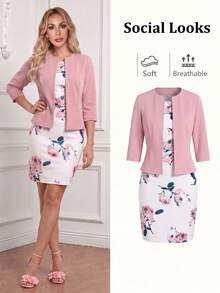 Ellevyn 2 Pieces Set: Women's Elegant Floral Print Bodycon Dress And Light Pink Mid Sleeve Knit Jacket, Suitable For Dates Mother Of The Bride, Commuting - Multicolor - View 1