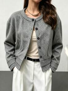 RiviMae Women's Autumn/Winter Elegant Round Neck Short Solid Color & Plaid Patchwork Open Jacket Coat, Suitable For Daily Wear And Commuting, Minimalist - Grey - View 1