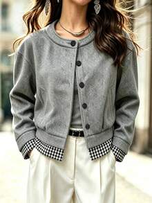 RiviMae Women's Autumn/Winter Elegant Round Neck Short Solid Color & Plaid Patchwork Open Jacket Coat, Suitable For Daily Wear And Commuting, Minimalist - Grey - View 3
