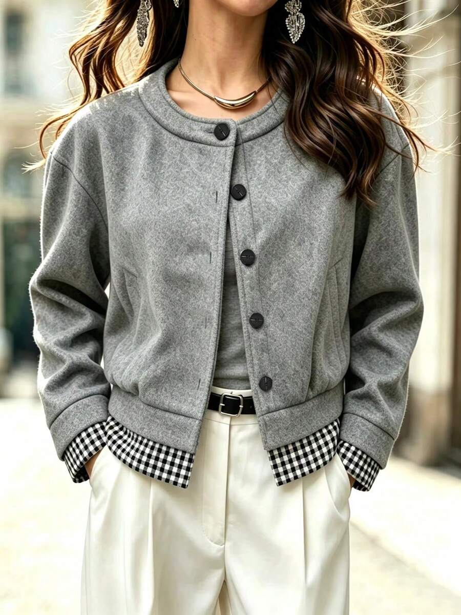 RiviMae 女款秋冬優雅圓領短版素色拼接格紋開襟夾克外套,適合日常穿著與通勤,極簡風 - 灰色 - 查看 1