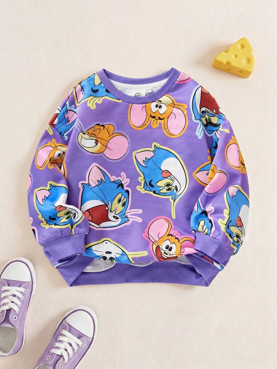 TOM & JERRY X SHEIN Young Girl Cartoon Print Casual Cute Crew Neck Sweatshirt - Purple - View 1