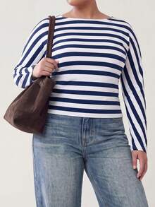 Solavibe Plus Size Navy Blue Colorblock Long Sleeve Casual Traditional T-Shirt, Ribbed Tops For Women, Blue White Stripe, Blouses Autumn Beach Formal Fall - Blue - View 10