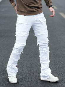 Manfinity LEGND Men's Plus Size Solid Color Frayed Hem Casual Versatile Daily Wear Cargo Pants - White - View 3
