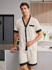 CoupledUp Men's Floral Print Patchwork Solid Color Contrast Short Sleeve Shorts Loungewear Set Lounge Home White Summer Baggy - Multicolor - View 5