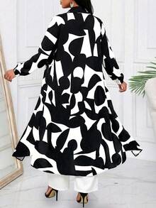SHEIN Lady 女士几何印花长款衬衫和裤子休闲两件套，度假装 - 黑與白 - 查看 2