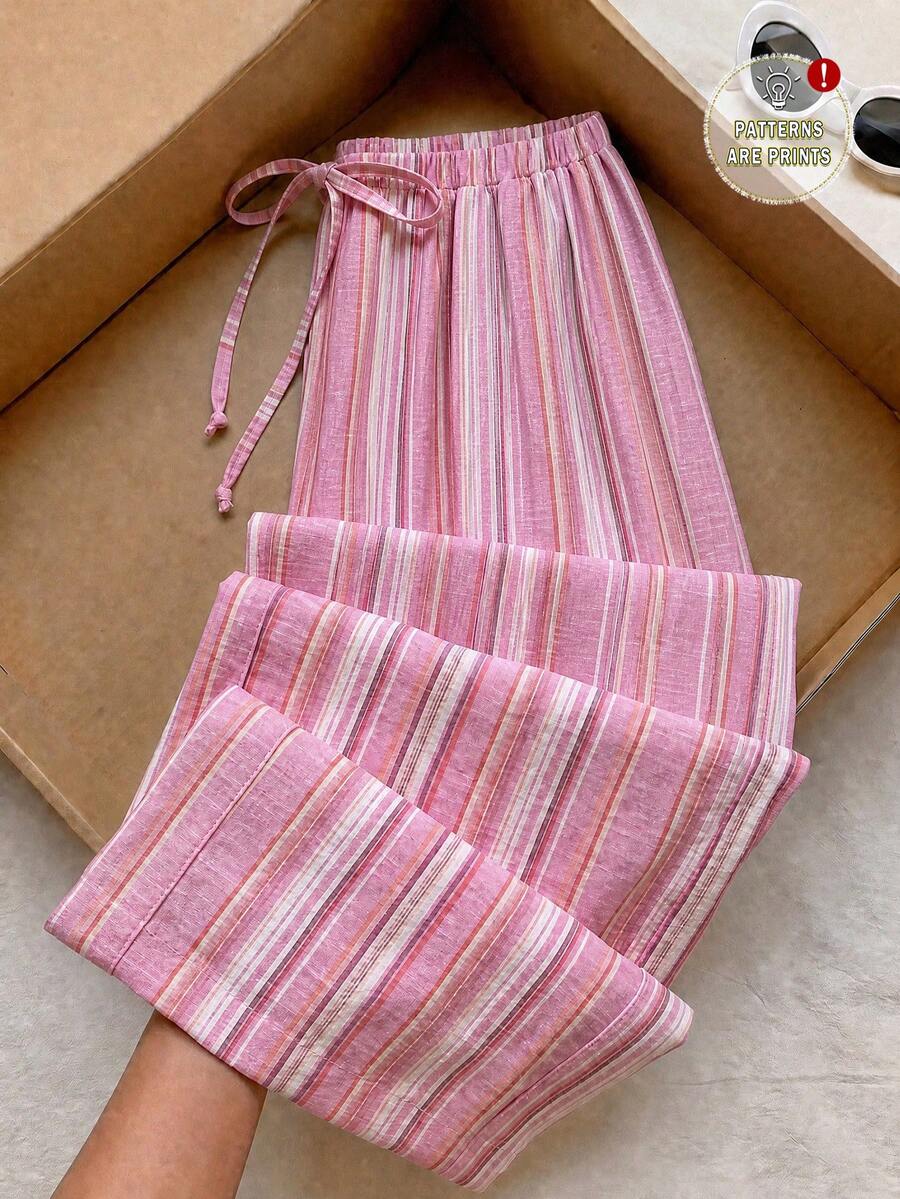 Comfortcana 休閒極簡風粉色不對稱條紋編織女款休閒腰綁帶直筒長褲,適合夏季 - 彩色 - 查看 1