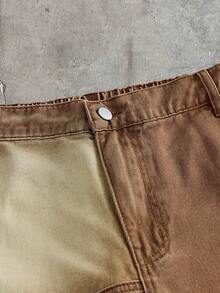 AXEPEAK Men's Washed Brand Patchwork Contrast Color Long Pants - Brown - View 4