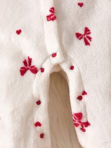 SHEIN Newborn Baby Girl Sweet Princess Style One-Piece Jumpsuit, Flannel Knit Fabric, White Base With Red Bow Full Print, Long Sleeve Hooded Footed Design With Large Bow Decoration, Thickened And Thermal Lined, Suitable For Holiday Photos, Full Moon Outings, Autumn/Winter For 0-9 Months Old Baby Girls - Red and White - View 6