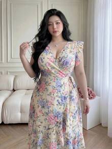 Vibekara Plus Size Women's Ruffle Flutter Sleeve Floral Print Waist-Defining A-Line Woven Dress - Yellow - View 7