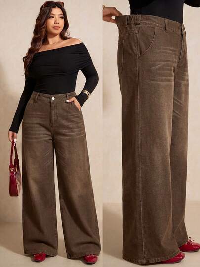 Elaquor Plus Size Women's Wide Leg Loose Casual Versatile Denim Jeans With Pockets, Casual Versatile Brown Color Jeans For Lady, Luxury Jeans For Women, Party