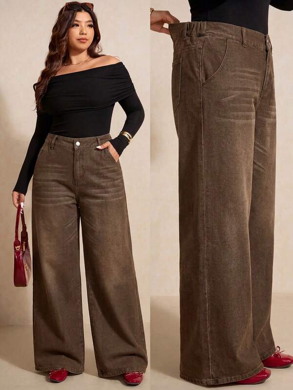 Elaquor Plus Size Women's Wide Leg Loose Casual Versatile Denim Jeans With Pockets, Casual Versatile Brown Color Jeans For Lady, Luxury Jeans For Women, Party