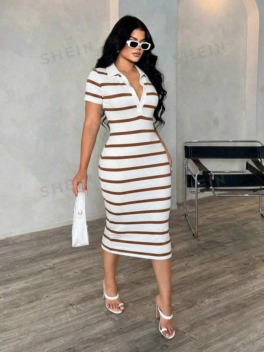 SHEIN SXY 女款夏季休閒性感極簡時尚通勤短袖白棕色POLO襯衫洋裝，針織高彈力修身款，適合早午餐與外出
