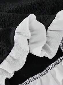 Casuvi Kids 女童小號波點印花白色泡泡短袖收腰A字蝴蝶結拼接洋裝 - 黑與白 - 查看 7