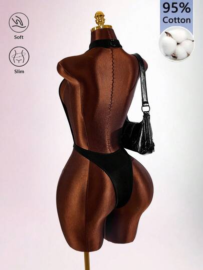 Amplova Women's Solid Color Metal Decor Hollow Out Design Halter Neck Fitted Sexy Bodysuit