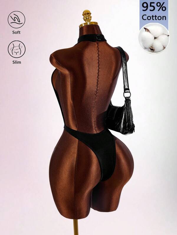 Amplova Women's Solid Color Metal Decor Hollow Out Design Halter Neck Fitted Sexy Bodysuit
