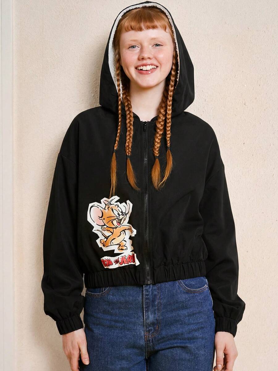 TOM & JERRY X SHEIN Women's Cartoon Pattern Front-zip Hooded Jacket - Black - View 1