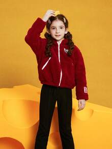 TOM & JERRY X SHEIN Tween Girl Cartoon Pattern Teddy Fleece Hooded Jacket - Burgundy - View 5