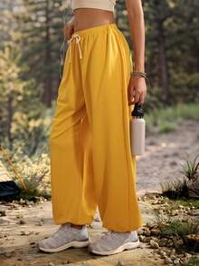 Exploreva Exploreva Women's Solid Color Waist Tie Wide Leg Outdoor Long Pants - Yellow - View 6
