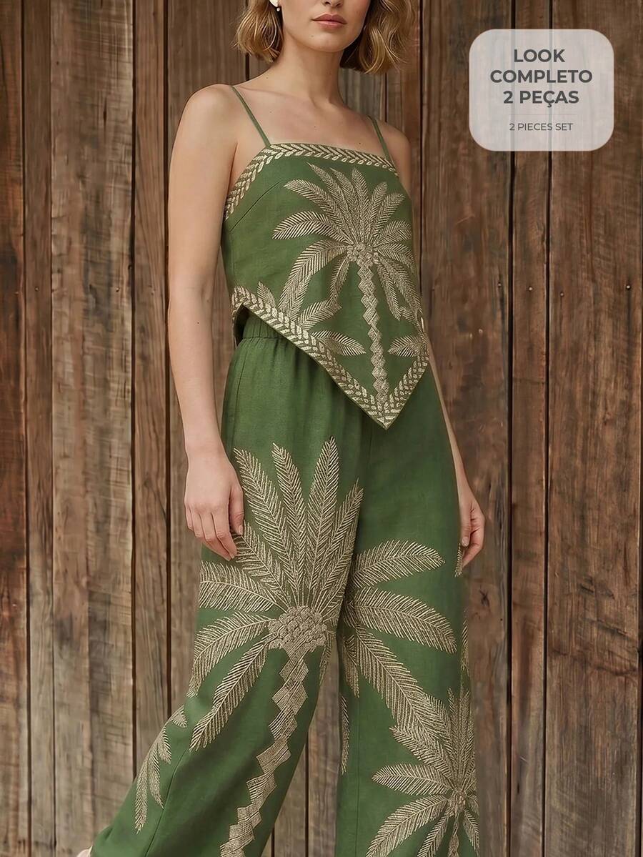 CAJUNI 度假風棕櫚樹提花不對稱下擺吊帶上衣與寬鬆長褲套裝 - 軍綠色 - 查看 1