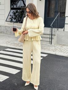 Serisse Women's Elegant Romantic Pale Yellow Pleated Ruffles Long Sleeve Top And Pants Casual Daily 2 Pieces Set Afternoon Tea Back To School Work - Light Yellow - View 12
