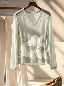 GlowEve Elegant Floral Pattern Printed Long Sleeve Tee For Women, V Neck Casual Top For Everyday Wear - Multicolor - View 3