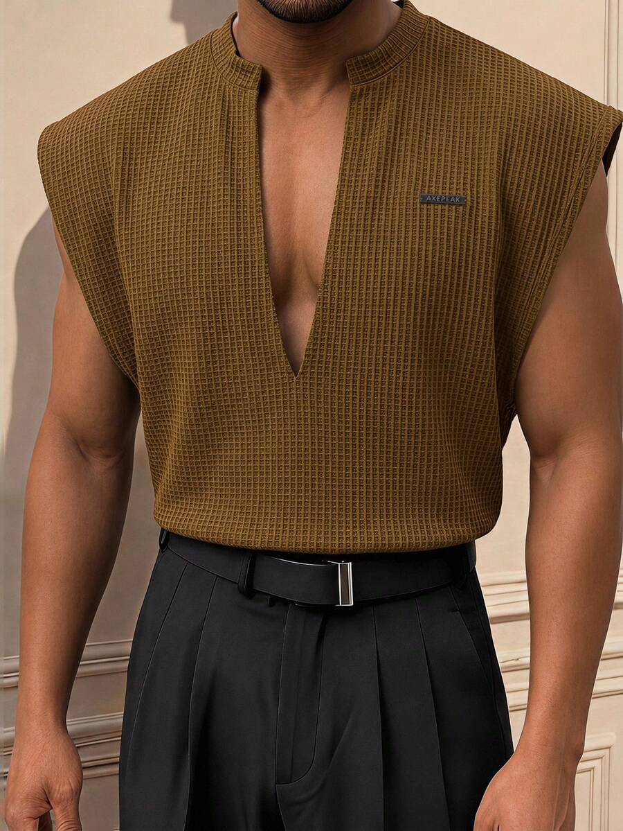 SIGLOCORE Men's Summer Casual Solid Color Notch Neck Tank Top - Brown - View 1