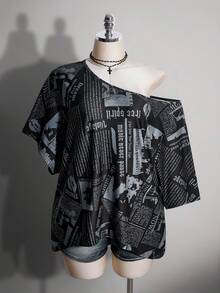 SHEIN ICON 女款大尺碼復古70年代Grunge千禧風Y2K休閒街頭露肩拼接報紙圖案黑白寬鬆T恤夏季 - 彩色 - 查看 3