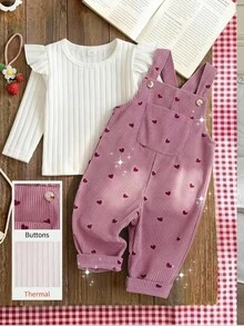 SHEIN Vintaside Kids 女嬰燈芯絨吊帶褲套裝，秋冬加厚保暖愛心刺繡吊帶褲 + 保暖刷毛針織內搭層，2件套，新款可愛女嬰服飾 - 粉色 - 查看 10