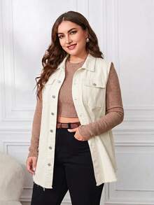 EMERY ROSE Plus Size Casual Solid Color Sleeveless Denim Jacket - Apricot - View 5