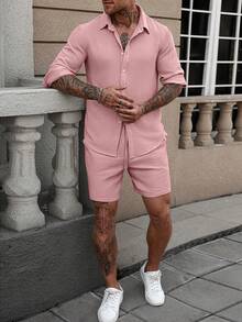 Manfinity CasualCool 男士純色單排扣襯衫與短褲休閒日常兩件套 - 粉色 - 查看 7