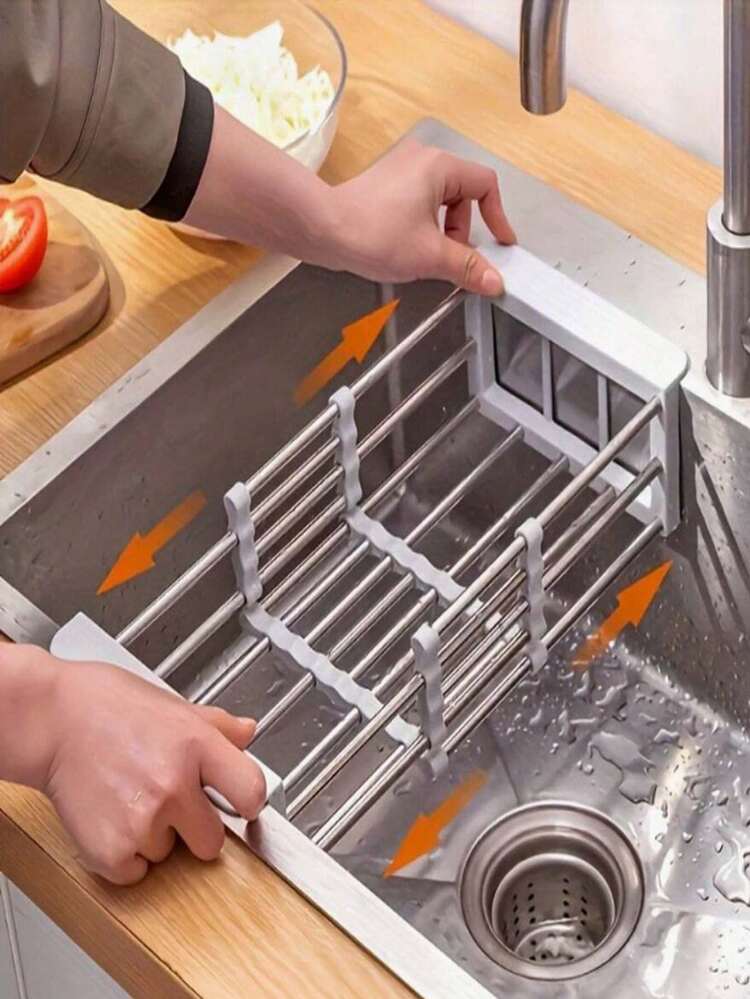 Adjustable Stainless Steel Retractable Drain Rack, Non Perforated Sink Storage Rack, Space Saving Drain Rack, Striped Design, Suitable For Sinks And Countertops, Modern Kitchen Storage, Multifunctional Storage Rack - Multicolor - View 7