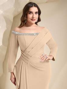Coutiva Vestido de Noche Formal Plisado con Adornos de Strass Talla Grande (Estilo de Trabajo Pesado) - Albaricoque - Ver 5