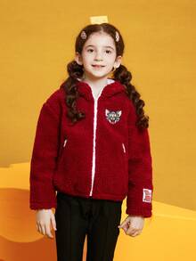 TOM & JERRY X SHEIN Tween Girl Cartoon Pattern Teddy Fleece Hooded Jacket - Burgundy - View 3