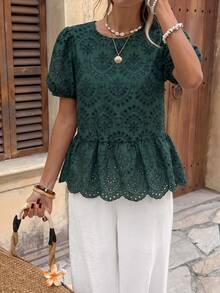SHEIN LUNE 女款休閒刺繡夏季度假/通勤日常基礎時尚外套，泡泡袖短袖收腰可愛襯衫 - 綠色 - 查看 5