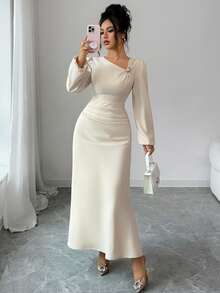 Elenzga Women's Elegant Solid Color Metal Decor Asymmetric Collar Long Sleeve Slim Fit Ruched Waist Dress, Elegant Fashion Autumn Office Commute Casual Charming Vintage Dress - Apricot - View 6
