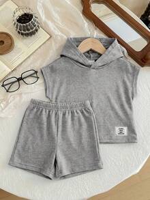 2pcs Baby Boy Letter Print Hoodie T-Shirt And Shorts Casual Outfit - Light Grey - View 3