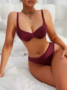 SHEIN 2pcs/Set Women's Simple Solid Color Underwire Bra And Panty Set - Burgundy - View 5